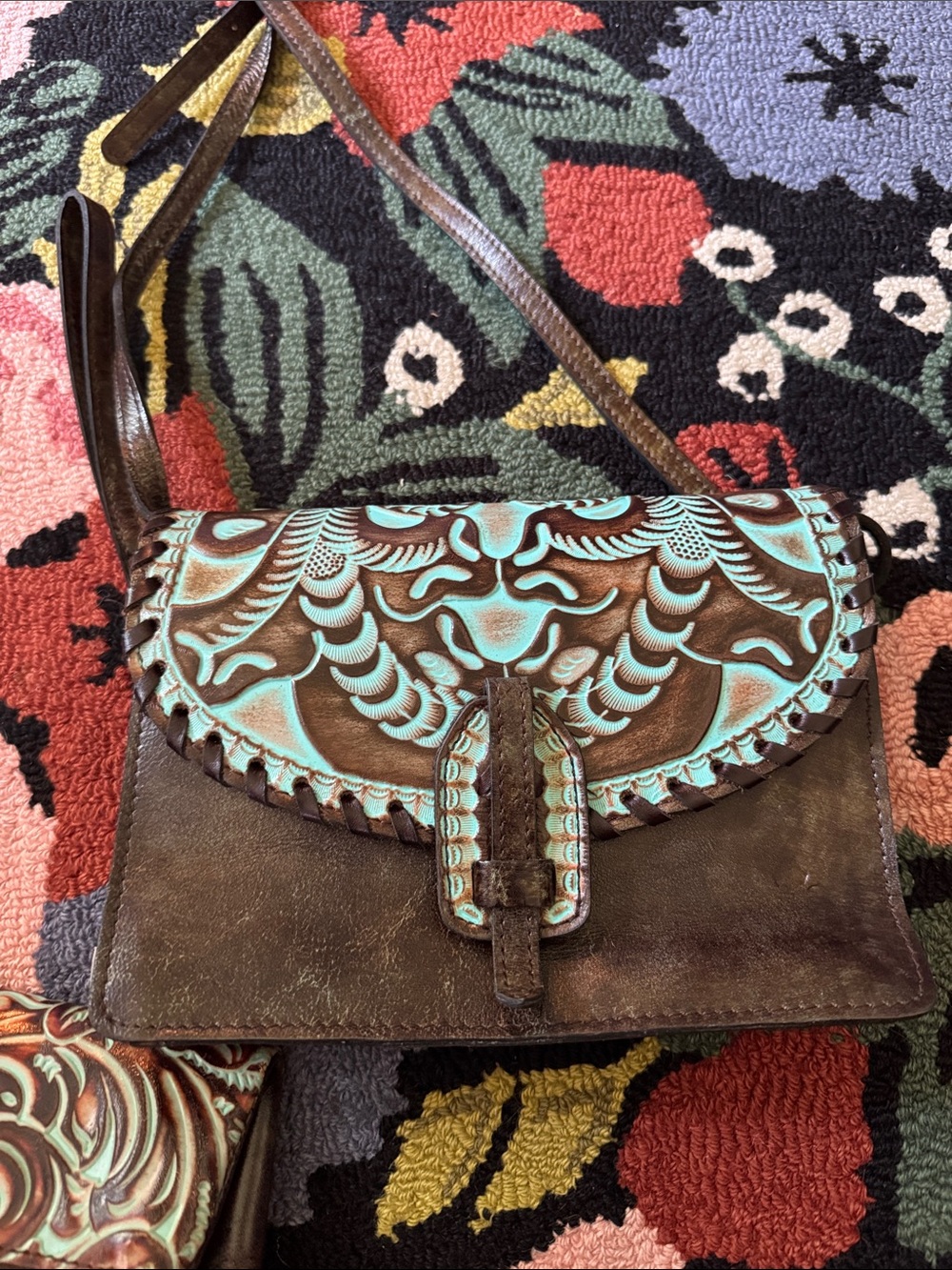 Set of three Patricia Nash Tooled Turquoise Brown Floral Leather Bags - Picture 6 of 12